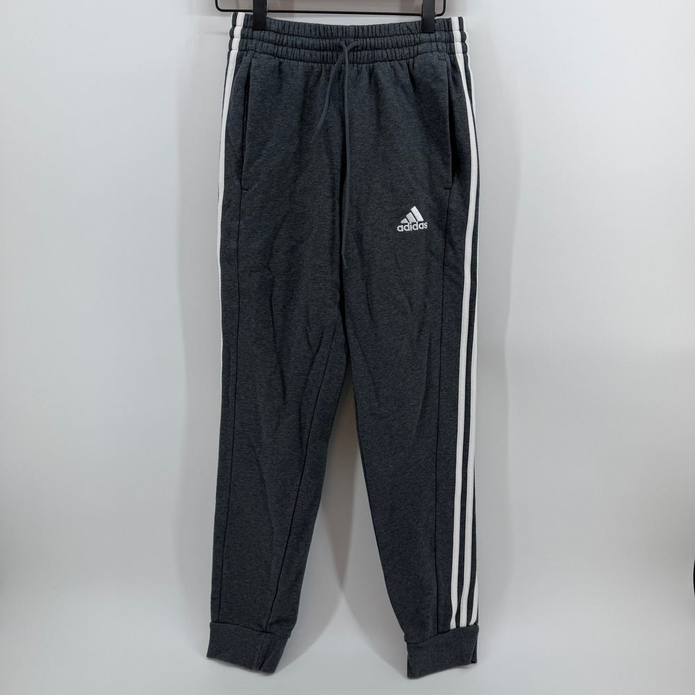 Adidas Joggers Men Small Gray 3-Stripe Fleece Drawstring Sweatpants